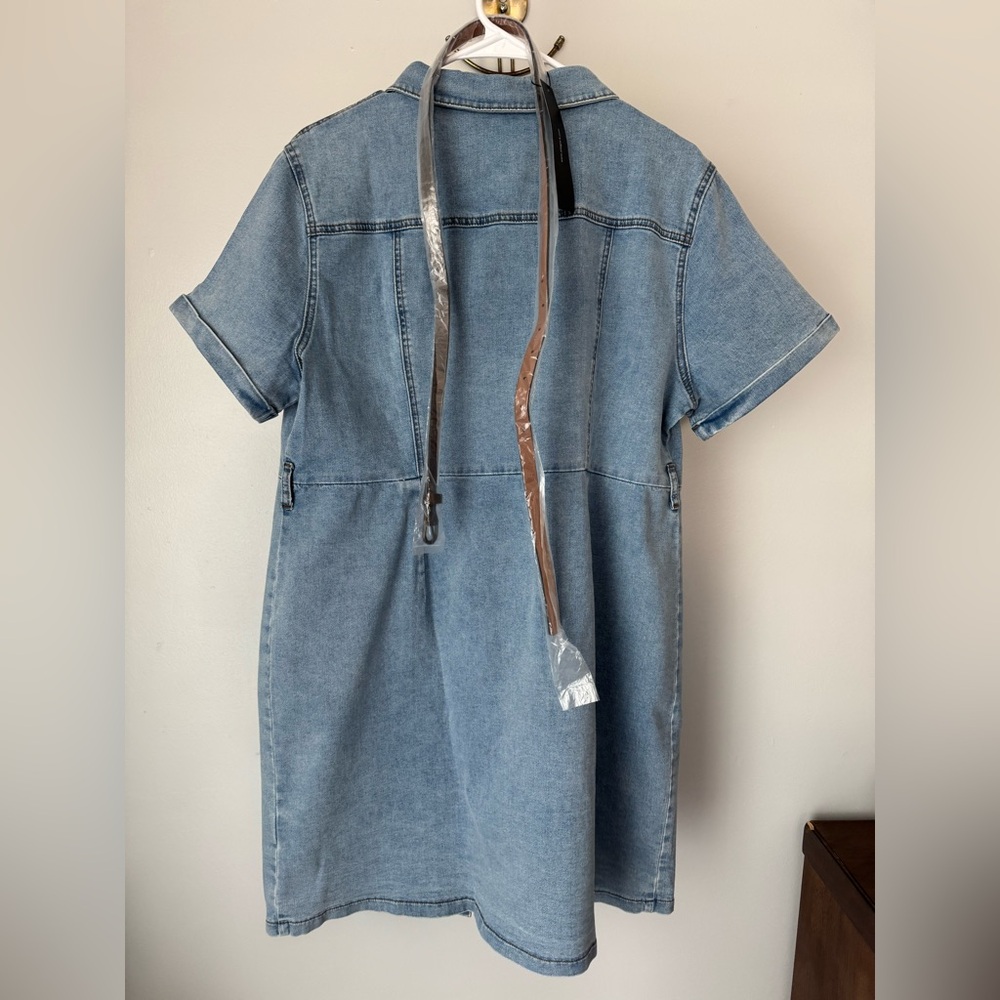 Allegra-K Denim Button-Up XL Dress with Brown Belt 2 Front Pockets Short Sleeve - Picture 3 of 7